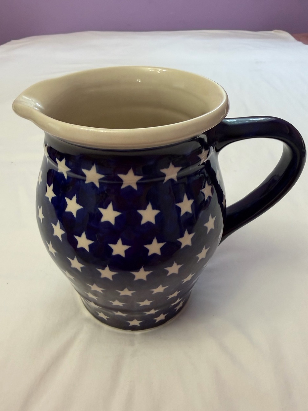 Boleslawiec Polish Pottery White Star Pitcher Jug Cobalt Blue Stoneware New
